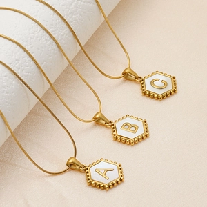 Hexagon Initial Pendant Necklace Stainless Steel 18K Gold Plated Mother Of Artificial Pearl Alphabet Letter Snake Chain For Women