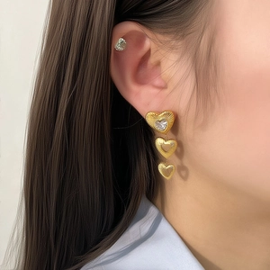 Heart Drop Earrings 18K Gold Plated Stainless Steel Textured Triple Heart Zircon Dangle Waterproof For Women