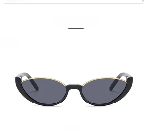 Front view of cat eye sunglasses with black frame and gold metal line details