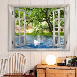 Detail view of window view tapestry featuring lake and swans for room decor