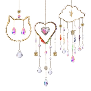 Golden crystal wind chimes with cat, heart, and cloud designs for home decor