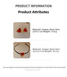 Detail specifications of vintage resin heart earrings and black cord necklace set