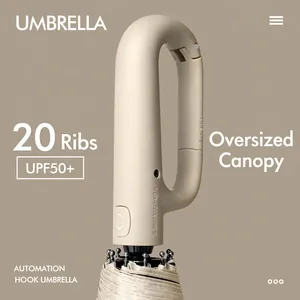 Beige 20-rib automatic folding umbrella with hook handle and UPF50+ sun protection