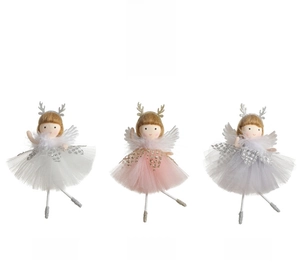 Detailed set of Christmas tree angel ornaments in white, pink, and grey with lace skirts