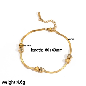 Bracelet coeur en acier inoxydable doré avec zircons brillants et chaîne serpent