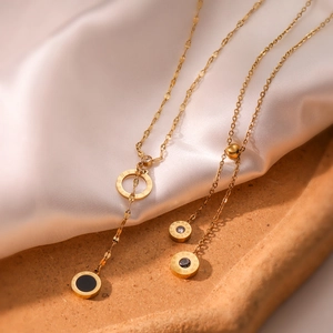 Stainless Steel Necklace Gold Plated Roman Numerals Geometric Pendant Zircon Inlaid Y Shape Lariat Fashion Jewelry