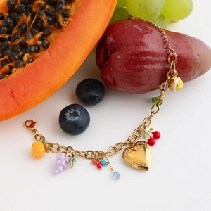 Creative display of 18K gold stainless steel fruit charm bracelet with colorful enamel