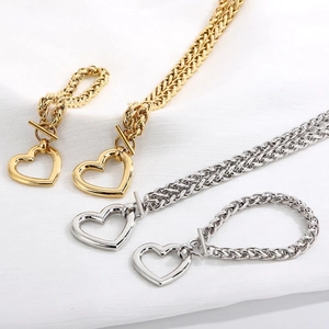 Heart Pendant Jewelry Set Stainless Steel Chunky Wheat Chain Toggle Clasp Fashion Trendy Women Elegant