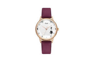 Vista dettagliata dell'orologio al quarzo da donna con cinturino in pelle viola e quadrante