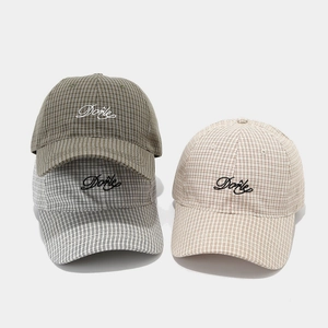 Classic plaid baseball caps with letter embroidery in olive, grey, and beige colors