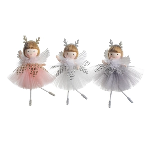 Set of 3 plush angel Christmas tree ornaments in pink, white and grey with glitter wings