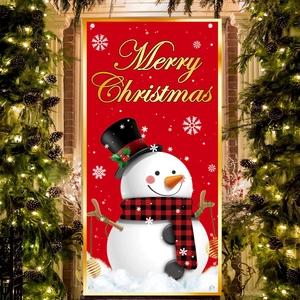 Festive Christmas banner with snowman design and Merry Christmas text on a decorated door