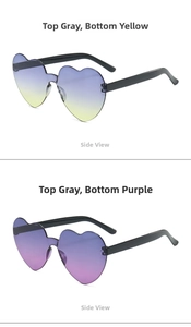 Detail view of heart-shaped rimless sunglasses in grey-yellow and grey-purple gradient lenses