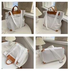Multi-angle views of a white canvas tote bag with brown leather handles and base