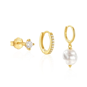 Detailed macro view of gold-plated S925 silver set with pearl and zircon accents