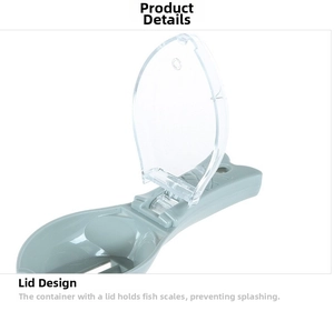 Detail view of manual fish scaler tool with transparent cover for mess-free cleaning