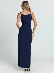 Elegant navy blue bodycon evening dress with open back and side slit for formal occasions