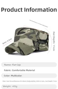 Detail of adjustable camouflage flat top cap with 1941 embroidery and size specifications