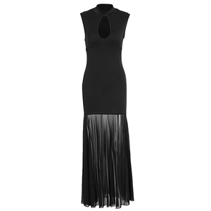 Close-up of black bodycon dress featuring high neck teardrop cutout and sheer mesh hem