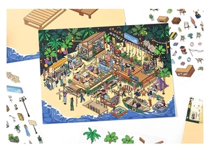 Close-up of DIY decorative island summer music festival stickers with cartoon scenery elements