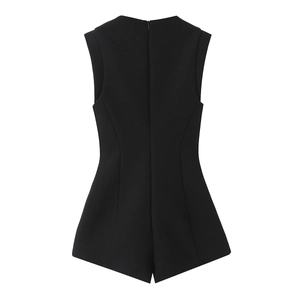 Back view of black sleeveless slim fit romper with invisible back zipper on white background