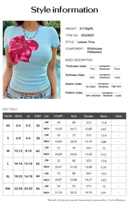 Size chart and fabric details for Y2K floral print slim fit short sleeve t-shirt