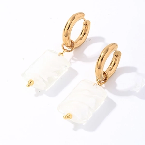 Elegant gold stainless steel hoop earrings with rectangular white natural stone charms