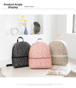 Three casual PU leather backpacks in black, pink, and white with Lucky Girl print details