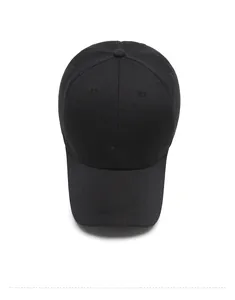 Top down view of black baseball cap with white tmi letter embroidery and curved brim