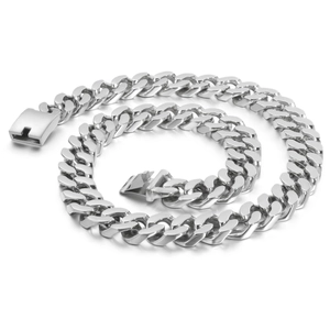 Mens silver stainless steel Cuban link chain necklace with polished metallic finish