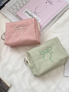 Large capacity canvas makeup bag with bow embroidery and metal zipper available in pink and green