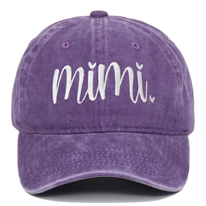 Detail of white mimi cursive embroidery on purple washed cotton vintage baseball cap