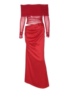 Red off-shoulder mesh long sleeve top and satin long skirt two-piece set on mannequin