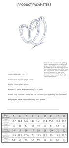 Detailed size chart for S925 sterling silver multi-layer beaded adjustable ring