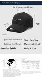 Size chart showing baseball cap dimensions including 56-60cm circumference and 8cm brim