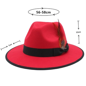 Red wool fedora hat with black band and feather detailing showing 56-58cm size dimensions