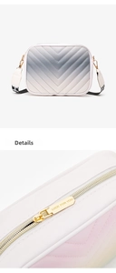 Detail of chevron stitched gradient camera bag with engraved gold-tone zipper hardware