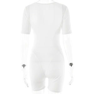 Rear view of white short-sleeve V-neck bodysuit on a professional transparent mannequin