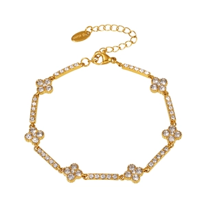 Elegant gold PVD plated stainless steel four-leaf clover bracelet with sparkling zircons