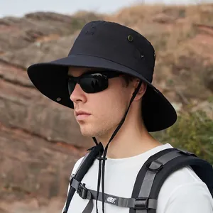 Black wide brim outdoor sun hat with adjustable wind strap and side ventilation eyelets