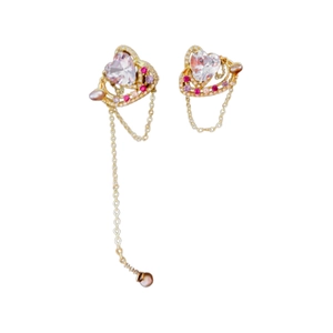 Boucles d'oreilles cœur vintage en or avec zircon, perles d'eau douce et longs glands
