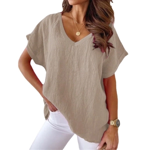 Detail of V-neckline and breathable linen fabric on this loose-fit khaki summer t-shirt
