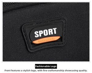 Macro view of water-resistant nylon backpack featuring a rubber SPORT logo patch