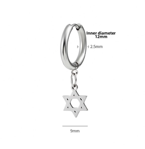 Macro detail of stainless steel punk earring with 12mm inner diameter and star charm