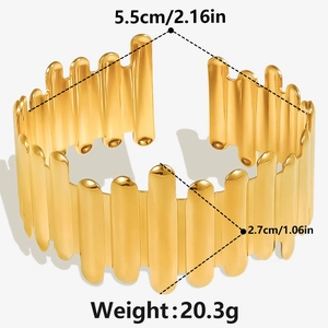 Detail view of gold stainless steel cuff bracelet showing size and weight parameters