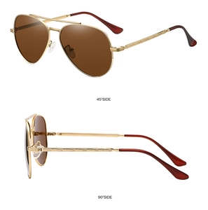 Detailed side views of gold aviator sunglasses with brown polarized lenses and metal frames
