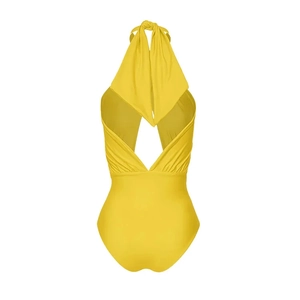 Detail of cross-neck halter swimsuit with pleated waist design and backless style