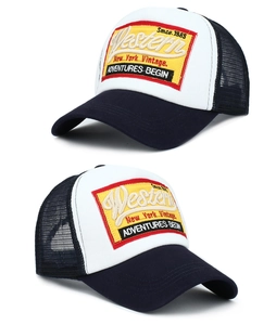 Detail view of Western New York Vintage embroidery patch on navy and white trucker hat