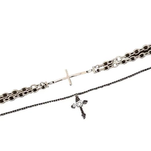 Double-layered silver and black chain necklace with sparkling rhinestone cross pendants