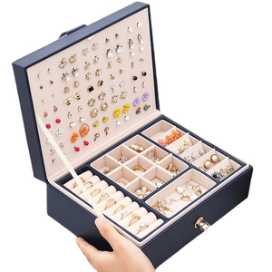 Double-layer navy blue leather jewelry box with large capacity and beige velvet lining